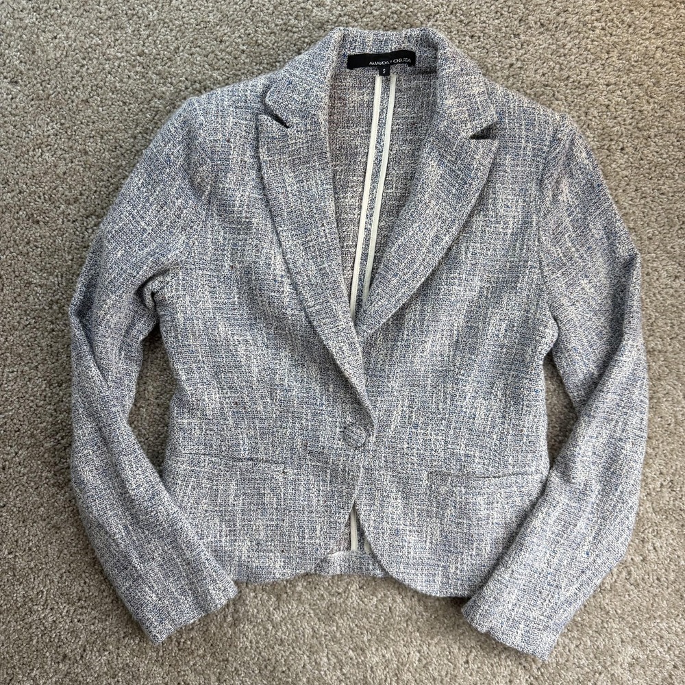 AMANDA + CHELSEA Blazer Jacket Womens S Blue Tweed Stretch Lined Workwear